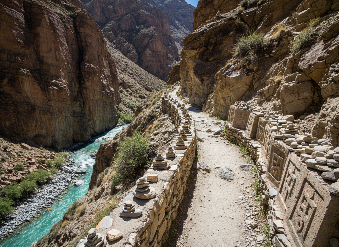 A narrow Zanskar trekking path hugging a dramatic cliffside above a turquoise river, portrayed in detailed photographic realism. The trail, a dusty ribbon of earth and stone, curves along the rock face, bordered by stacked prayer stones and faded, wind-worn mani walls carved with intricate symbols. Sheer, rust-colored cliffs tower upward on one side, while far below, the river carves through a deep gorge, gleaming in crisp midday sunlight. Patches of hardy shrubs cling to ledges, adding touches of green. The atmosphere is adventurous yet calm, with clear, dry mountain air. Captured from an eye-level angle looking along the path, using a wide lens to emphasize depth and scale, the image invites viewers into an immersive trekking experience in Zanskar, untouched by visible human activity.