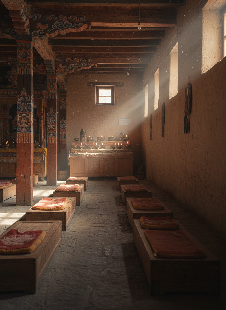 A contemplative interior view of a Ladakhi monastery prayer hall, captured in rich photographic detail. Rows of low, worn wooden platforms and small cushions line the stone floor, their deep reds and ochres contrasting with the muted, earth-toned walls. Sunlight filters through small, high-set windows, sending narrow beams of golden light that catch drifting dust motes and highlight intricate, hand-painted motifs on pillars and beams. Butter lamps sit on a simple altar, their tiny flames reflecting off polished bronze bowls and casting soft, trembling glows. The atmosphere is hushed and spiritual, filled with a sense of history and devotion. Photographed from a low, eye-level perspective facing inward, with moderate depth of field, the composition leads the viewer toward the altar, conveying quiet reverence and cultural richness without any human presence.
