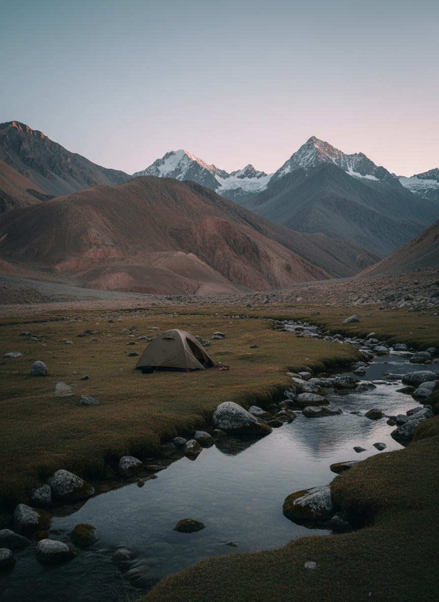 A serene high-altitude campsite setting along a Zanskar trekking route, depicted in crisp photographic realism. A single, modest, earth-toned tent stands on a flat, grassy patch beside a clear, shallow stream, its surface reflecting nearby rounded boulders and the muted colors of the surrounding hills. Behind, vast, rolling slopes in shades of brown, rust, and grey rise toward distant, snow-trimmed summits under a pale, early-morning sky. The first light of dawn casts a cool, soft illumination, with faint pink hues touching the highest peaks, while the valley floor remains in gentle shadow. The mood is peaceful and introspective, with a sense of remote isolation. Shot from a mid-height, wide-angle viewpoint, the composition balances the tent in the lower third against the expansive landscape, emphasizing immersion in nature without any visible people.