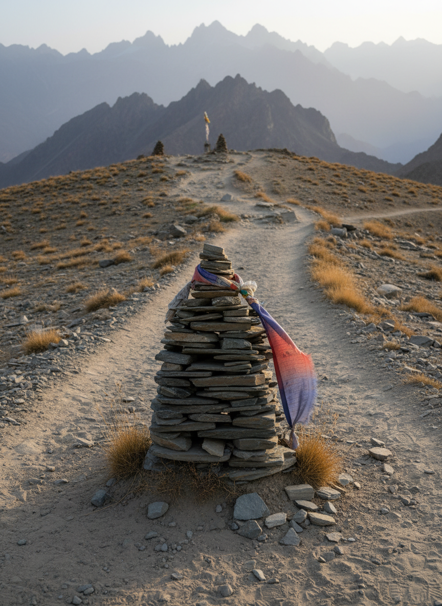 A detailed close-up of a traditional Ladakhi mountain trail junction near Leh, photographed with documentary realism. In the foreground, a cairn of flat, slate-grey stones stacked carefully on a dusty, sand-colored ridge marks the path, decorated with a faded strip of cloth fluttering in the wind. Behind it, two narrow tracks in compacted earth diverge across the barren hillside, one climbing toward jagged, shadowed peaks, the other contouring around a sunlit valley. Golden late-afternoon light grazes the ground, emphasizing the rough texture of gravel, scattered pebbles, and hardy tufts of grass. The background mountains are slightly softened by distance, creating depth with gentle atmospheric haze. Captured from a low angle with shallow depth of field focusing on the cairn, the composition evokes the promise of exploration and guided adventure, entirely devoid of human figures.