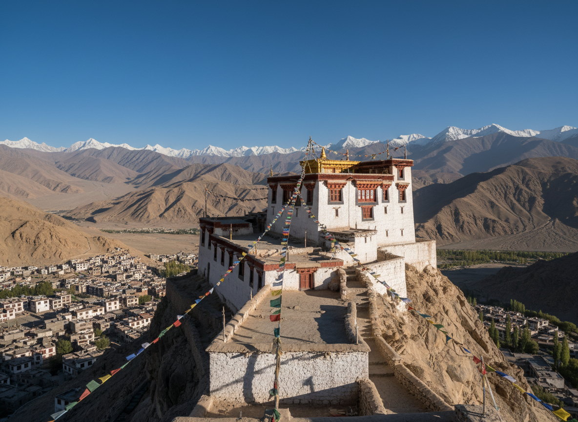 A tranquil, whitewashed Ladakhi monastery perched on a rocky outcrop above Leh, rendered in realistic, high-resolution photography. The layered buildings, with flat roofs and red-brown wooden window frames, rise in stepped terraces from the stone base. Colorful, weathered prayer flags stretch from rooftops to poles, fluttering in a gentle breeze. Surrounding the monastery, barren, ochre hills roll outward, framed by distant, snowcapped peaks under a crisp, cobalt sky. Soft, late-morning sunlight illuminates the white walls, creating subtle shadows that reveal architectural details. The mood is spiritual and contemplative, with clear, clean air enhancing visibility. Shot from a slightly low, three-quarter angle with a balanced composition, the monastery sits on the upper third of the frame, emphasizing its cultural and spiritual importance within the dramatic Ladakh landscape, with no people visible.